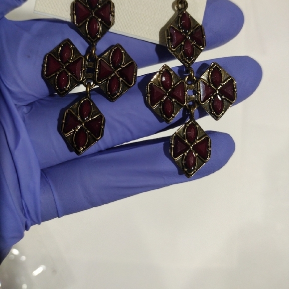 Burgundy Petal Cross Earrings – Gold-Tone Floral Dangles Statement Jewelry - Picture 6 of 9